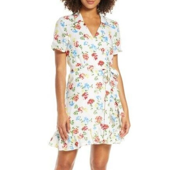 NEW Charles Henry Nordstrom Size LP True Wrap Mini dress Floral Ruffle Linen - Picture 1 of 14